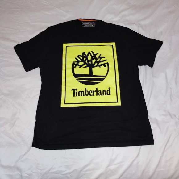 Timberland Black Tee with Neon Yellow Logo Block - Picture 5 of 10
